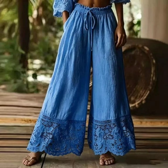 Women's Linen Pants Boho High Waisted Wide Leg Pants Woman Loose Drawstrings Lace Trousers with Pockets