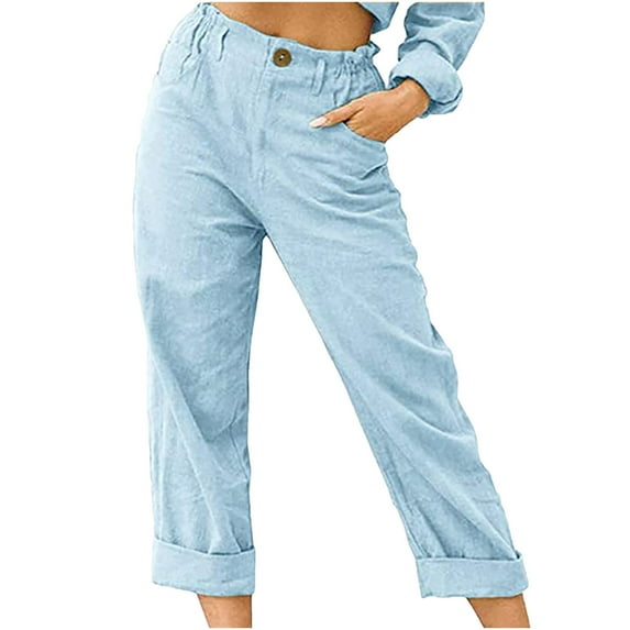 Women's Linen Pants Casual Loose High Waist Drawstring Wide Leg Capri Palazzo Pants Trousers with Pockets
