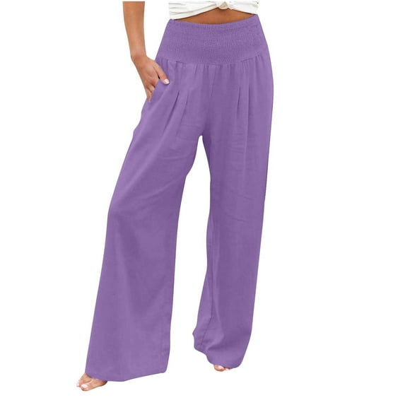 Women's Linen Pants Casual Loose High Waist Drawstring Wide Leg Pant Boho Palazzo Pants Purple XXL