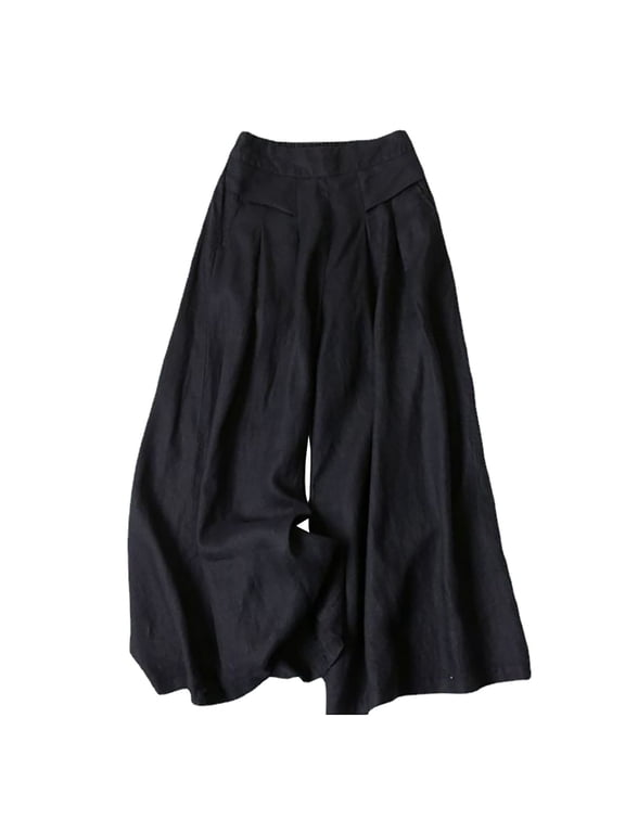 Women's Linen Pants Culottes Pants Wide Leg Gaucho Capris Capris Pants High Waisted Drawstring Elastic Waist Trousers With Pockets Loose Fit Straight Leg Pants Palazzo Solid Color Slacks