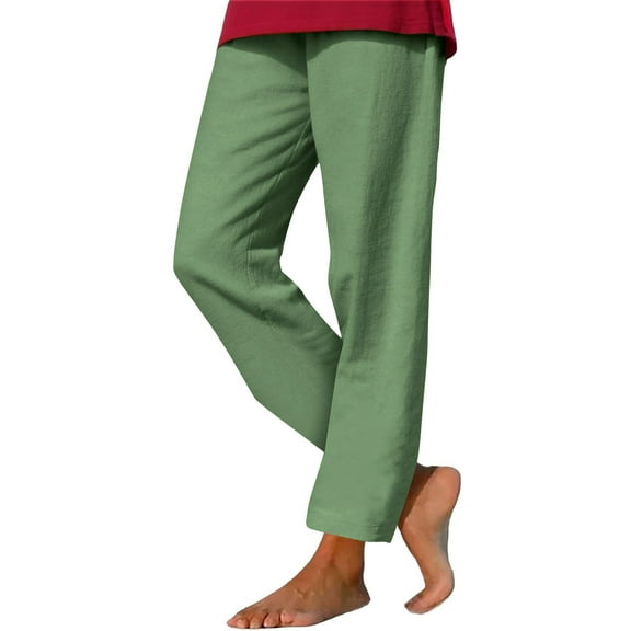Women's Linen Pants Fashion Solid Color Baggy Comfy Wide Leg Sweatpant Ladies Boho Style Palazzo Capris Trouser Green Small