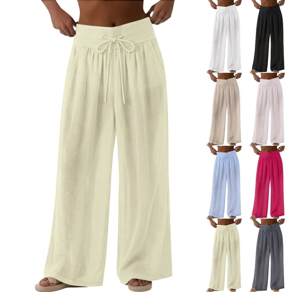 Women's Linen Pants High Waisted Pant Summer Casual Wide Leg Drawstring Trousers Beach Vacation Clothes by Yigetop Light blue L