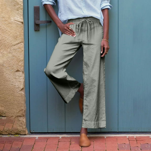 Women's Linen Pants Lace Up High Waisted Wide Leg Work Pants Business Casual Belt Pocket Women Pants Casual Work plus Size Drawstring Pants for Women Women Elastic Waist Pants Casual Extra Long Dress