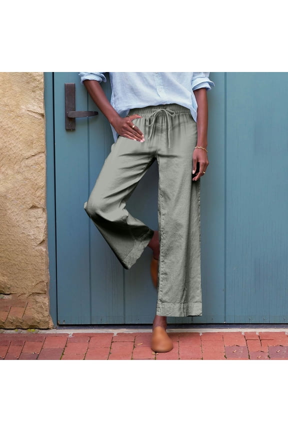 Women's Linen Pants Lace Up High Waisted Wide Leg Work Pants Business Casual Belt Pocket Women Pants Casual Work plus Size Drawstring Pants for Women Women Elastic Waist Pants Casual Extra Long Dress