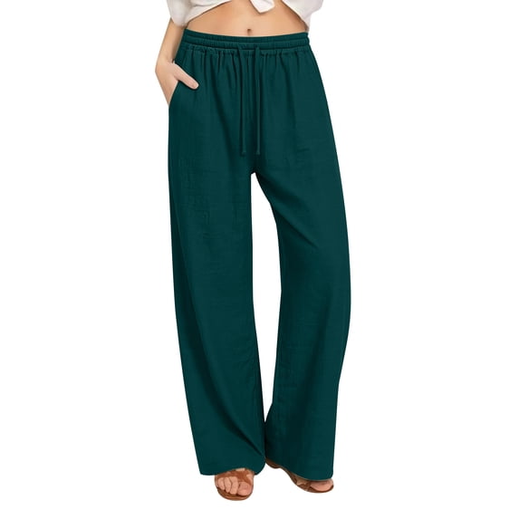 Women's Linen Pants Lace Trim Side Panel Detail Bottoms Drawstring Waist Straight Leg Pants Casual Lounge Trousers for Women