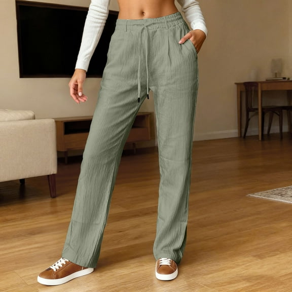 Women's Linen Pants Lightweight Drawstring Elastic Waist Loose Straight Legs Pants (Green S)