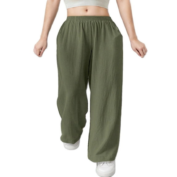 Women's Linen Pants Mid Waisted Wide Leg Casual Loose Fit Trousers with Pockets Solid Lightweight Pants (M, Army Green)