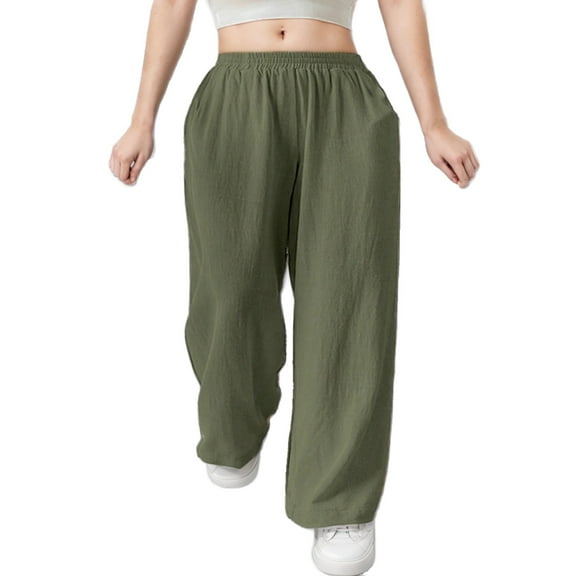 Women's Linen Pants Mid Waisted Wide Leg Casual Loose Fit Trousers with Pockets Solid Lightweight Pants (S, Army Green)