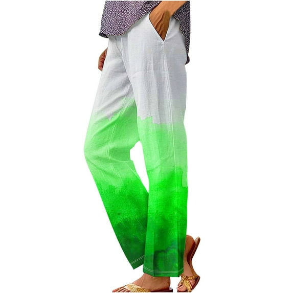Women's Linen Pants Plus Size Gradient Color Elastic Waisted Rolled Casual Loose Pocket Straight Leg Pants Green L