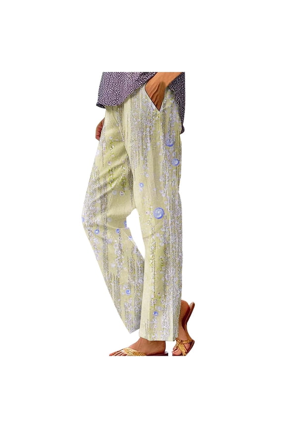 Women's Linen Pants Plus Size Gradient Color Elastic Waisted Rolled Casual Loose Pocket Straight Leg Pants Yellow 2XL