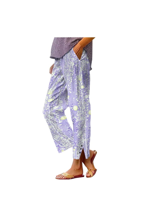 Women's Linen Pants Summer 2026 Casual Elastic Waist Split Straight Leg Pant Boho Printed Comfy Trousers with Pockets