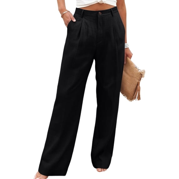 Women's Linen Pants Wide Leg Work Dress Pants Casual Slacks Business Pants with Pockets Black L