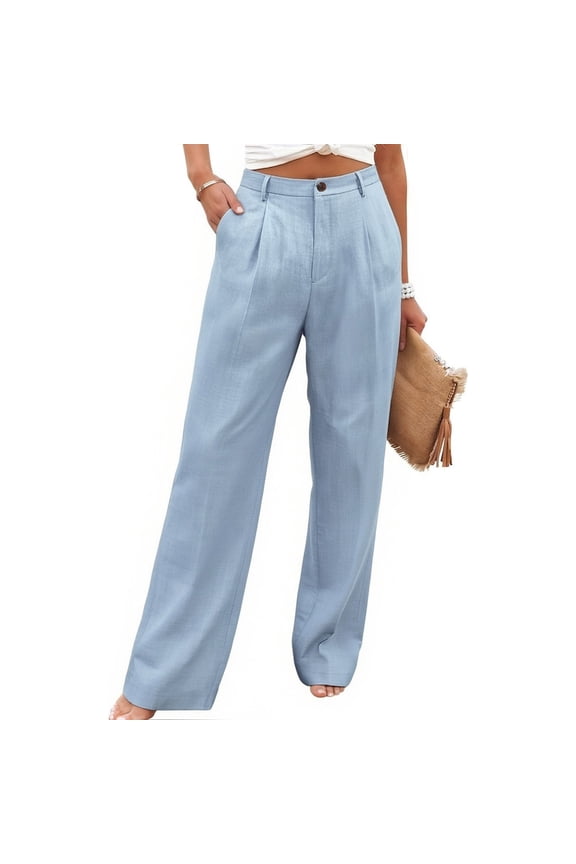 Women's Linen Pants Wide Leg Work Dress Pants Casual Slacks Business Pants with Pockets Blue 2XL