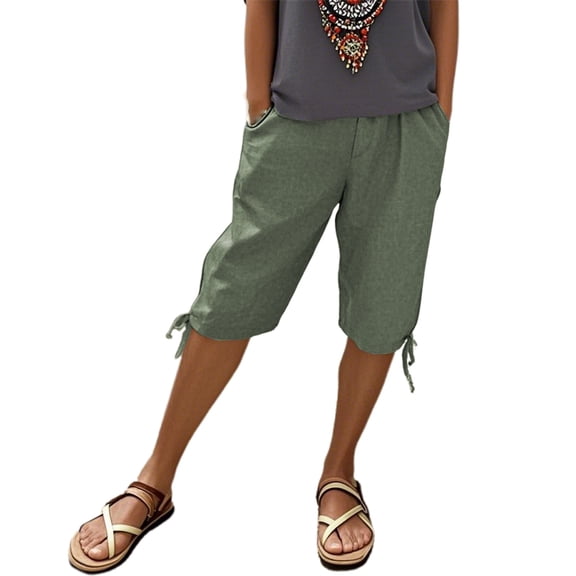 Women's Linen Pants With Pockets Elastic Drawstring Leisure Pants Women's Five Eighths Pants