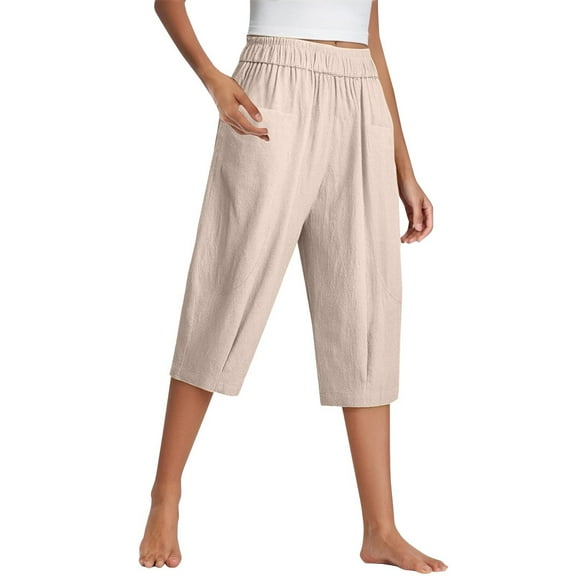 Women's Linen Pants Women'S Cotton And Linen Cropped Pants For Women In Summer Loose Large Size Linen Elastic Waist Small Feet Harem Pants Versatile Casual Pants Casual Cropped Pants, Women's Casual P