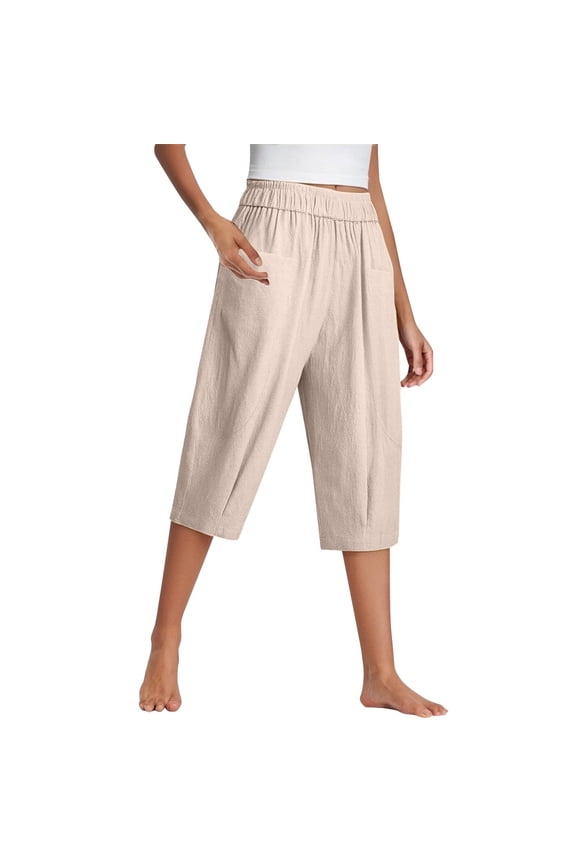 Women's Linen Pants Women'S Cotton And Linen Cropped Pants For Women In Summer Loose Large Size Linen Elastic Waist Small Feet Harem Pants Versatile Casual Pants Casual Cropped Pants, Women's Casual P