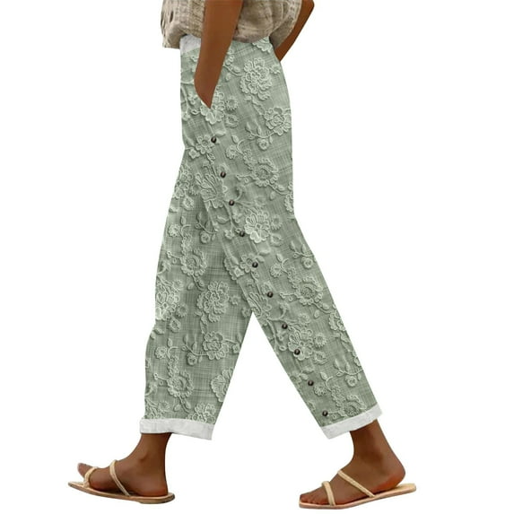 Women's Linen Pants Women'S Embroidered Floral Print Elastic Belt With Pocket Trousers Side Buttons Cropped Pants Loose Casual Pants Print Straight Pants, Women's Casual Pants S