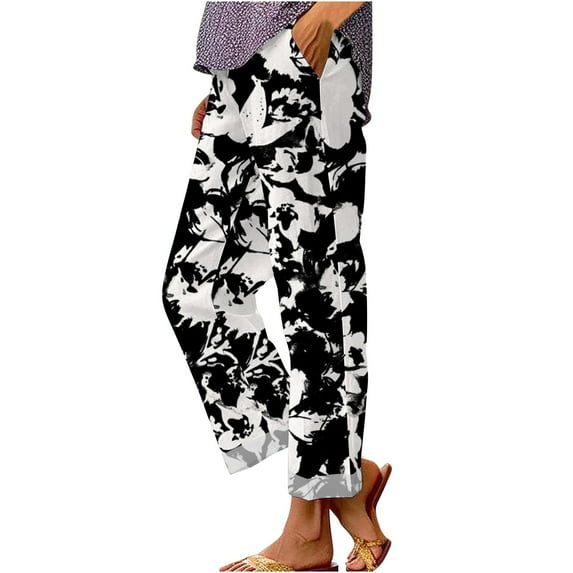 Women's Linen Pants Women'S Retro Printed Loose Pocket Patchwork Casual Cotton And Linen Pants, Women's Casual Pants S