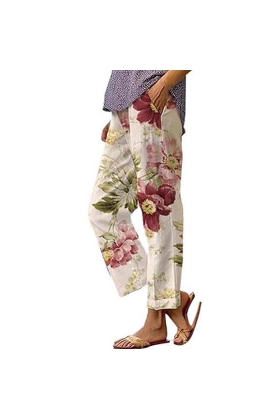 Women's Linen Pants Women'S Summer Drawstring Pocket Flower Flower Casual Loose Comfortable Cotton Linen Casual Pants, Women's Casual Pants L