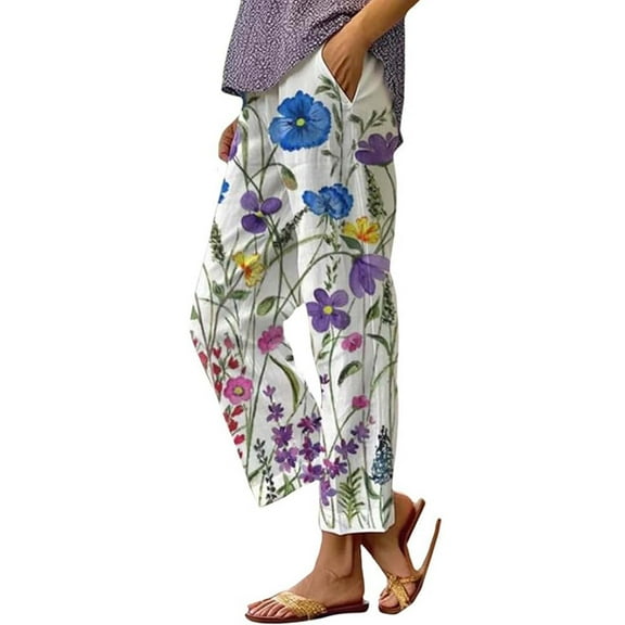 Women's Linen Pants Women'S Summer Drawstring Pocket Flower Flower Casual Loose Comfortable Cotton Linen Casual Pants, Women's Casual Pants XL
