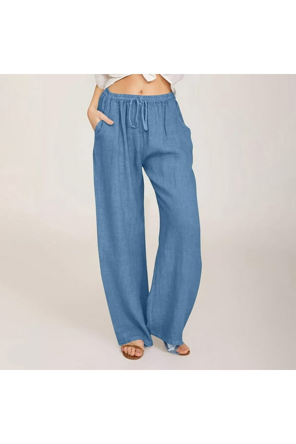 Women's Linen Pants Women Sweatpants Cotton And Linen Solid Flare Pants Drawstring Elastic Waist Wide Leg Trousers Long Straight Pants