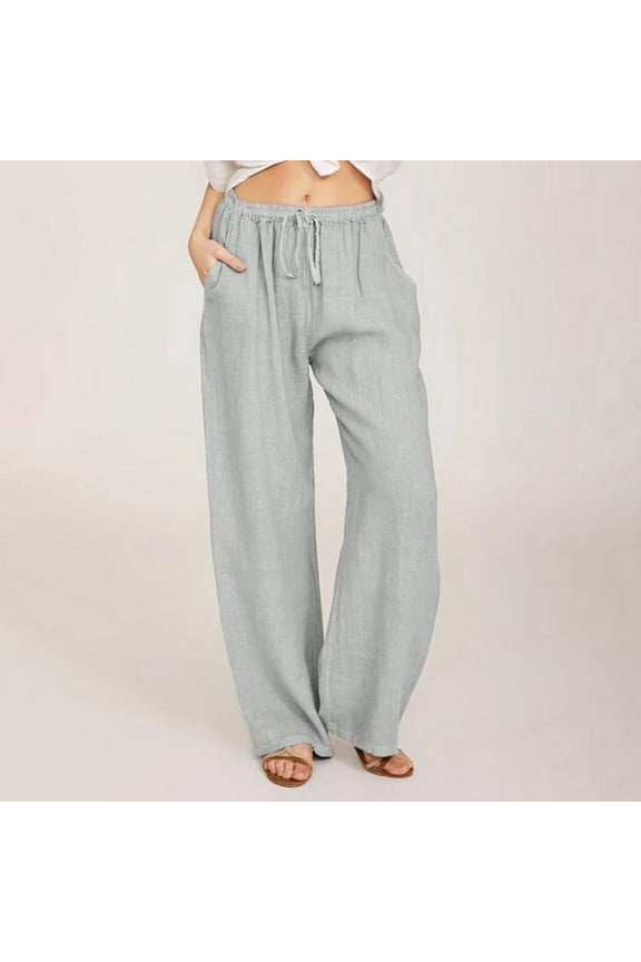 Womens Plus Size Pants Casual Linen Drawstring Elastic Waist Long Wide Leg Pants