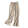 thumbnail image 1 of Women's Linen Pants with Pockets Drawstring Elastic Waist Loose Fit Palazzo Long Trousers Wide Leg Pants Beige L, 1 of 5