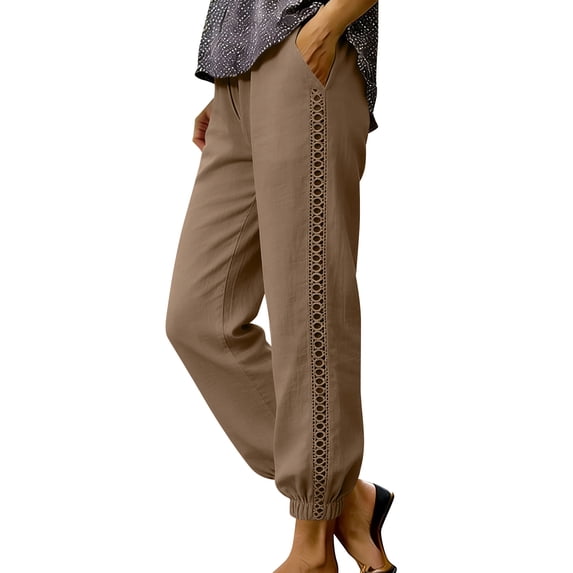 Women's Linen Pants with Pockets Side Lace Trim Trendy Beach Vacation Casual Trousers Elastic Bottom (L, Khaki)