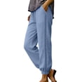 thumbnail image 1 of Women's Linen Pants with Pockets Side Lace Trim Trendy Beach Vacation Casual Trousers Elastic Bottom (XL, Light Blue), 1 of 8