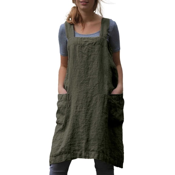 Women's Linen Pinafore Square Apron Dress, Flowy, Stretchy Waist, A-line, for Summer, Home, Party, Multiple Colors