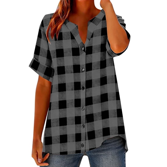 Women's Linen Plaid T-Shirt, Loose V-Neck Button down Shirt, Summer Regular Fits Casual Tee,Gray-1,XXL