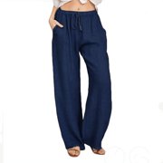 Women's Linen Plus Size High Waisted Loose Fit Pants Drawstring Closure Gothic Trousers for Women