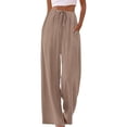 thumbnail image 1 of Women's Linen Pockets Wide Leg Palazzo Flowy Pants for Beach Summer Khaki S, 1 of 9