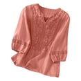 thumbnail image 1 of Women's Linen Retro T-Shirt Floral Embroidery Short Sleeve Blouses Round Neck Button Down Loose Fit Casual Tops, 1 of 4