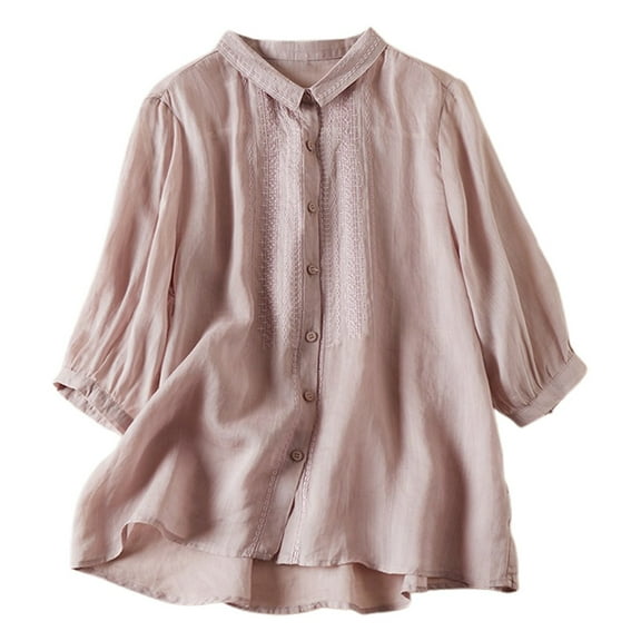 Women's Linen Retro T-Shirt Floral Embroidery Short Sleeve Blouses Round Neck Button Down Loose Fit Casual Tops