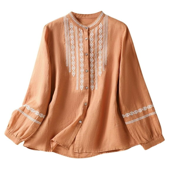 Women's Linen Retro T-Shirt Floral Embroidery Short Sleeve Blouses Round Neck Button Down Loose Fit Casual Tops