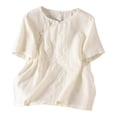 thumbnail image 1 of Women's Linen Retro T-Shirt Floral Embroidery Short Sleeve Blouses Round Neck Button Down Loose Fit Casual Tops, 1 of 4