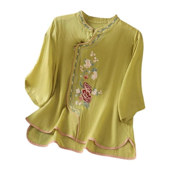Women's Linen Retro T-Shirt Floral Embroidery Short Sleeve Blouses Round Neck Button Down Loose Fit Casual Tops