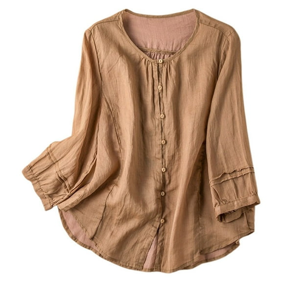 Women's Linen Retro T-Shirt Floral Embroidery Short Sleeve Blouses Round Neck Button Down Loose Fit Casual Tops