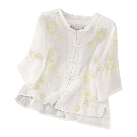 Women's Linen Retro T-Shirt Floral Embroidery Short Sleeve Blouses Round Neck Button Down Loose Fit Casual Tops
