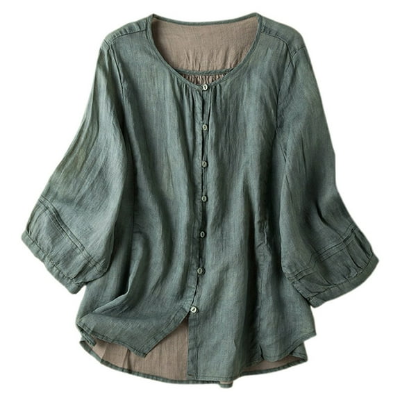 Women's Linen Retro T-Shirt Floral Embroidery Short Sleeve Blouses Round Neck Button Down Loose Fit Casual Tops