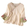 thumbnail image 1 of Women's Linen Retro T-Shirt Floral Embroidery Short Sleeve Blouses Round Neck Button Down Loose Fit Casual Tops, 1 of 3