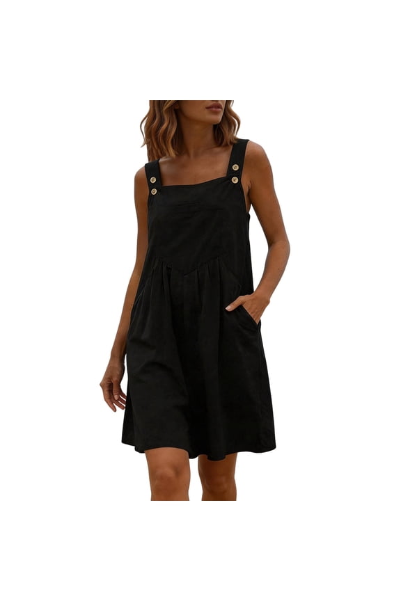 Women's Linen Romper Dress with Pockets Button Strap Loose Casual Sleeveless Short Bibs Jumper Dress (L, Black)