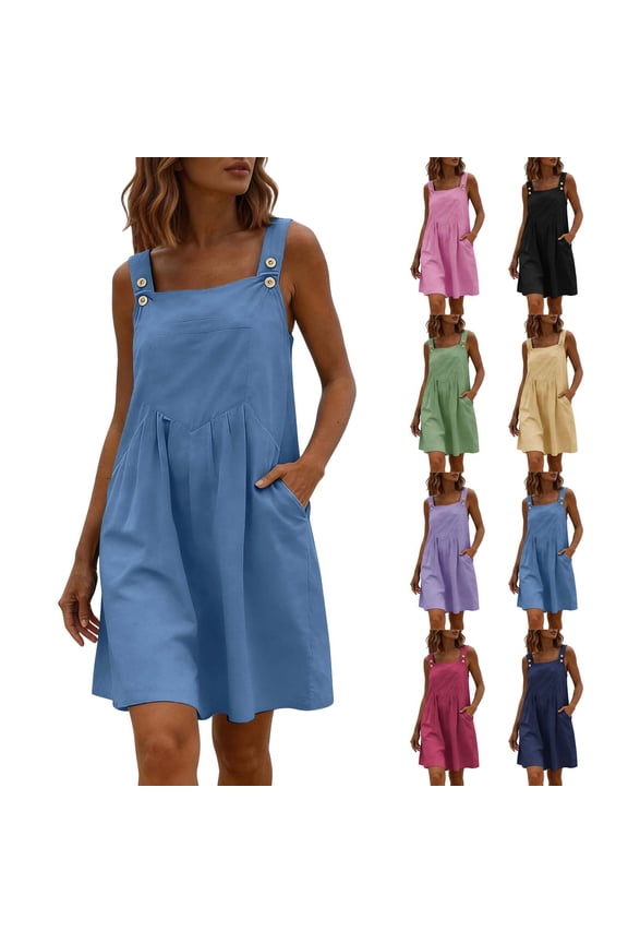 Women's Linen Romper Dress with Pockets Button Strap Loose Casual Sleeveless Short Bibs Jumper Dress (XL, Blue)