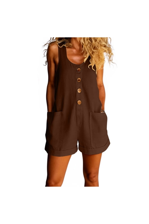 Women's Linen Rompers, Boho Summer Sleeveless Button Up Shorts Jumpsuit One Piece Beach Vacation Outfits with Pockets