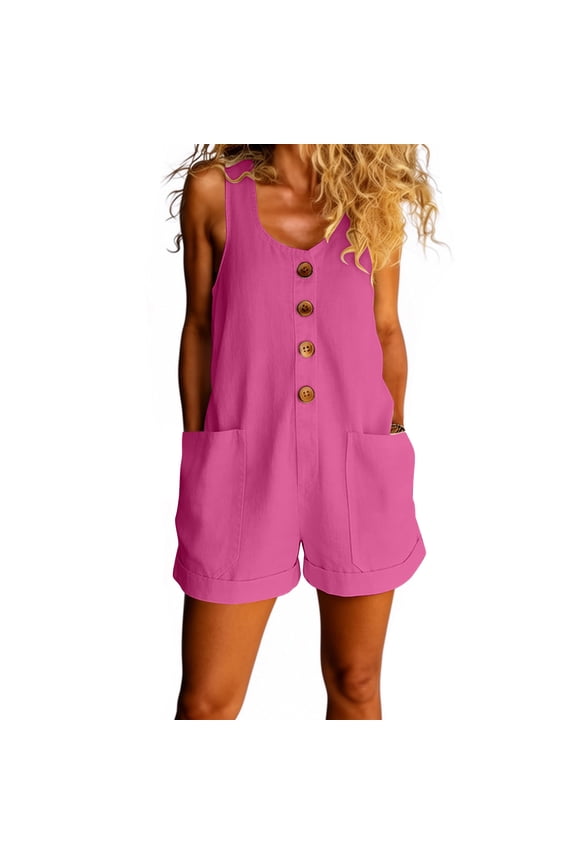 Women's Linen Rompers, Boho Summer Sleeveless Button Up Shorts Jumpsuit One Piece Beach Vacation Outfits with Pockets