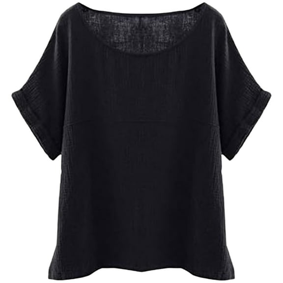 Women's Linen Round Neck Patchwork Shirt Loose Fit, Breathable, Comfortable, Casual, Multiple Sizes