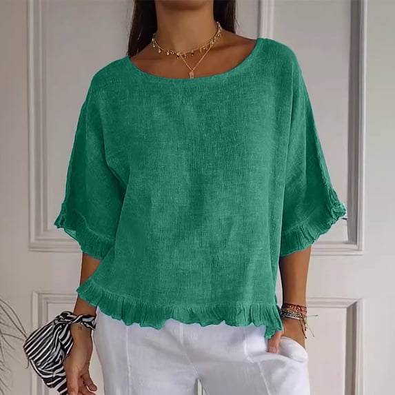 Women's Linen Ruffle 3/4 Sleeve Pleated Hem Round Neck Casual Shirt