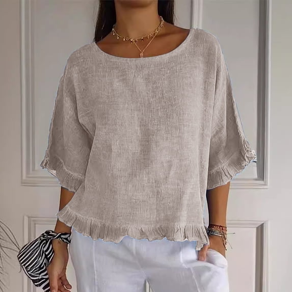 Women's Linen Ruffle 3/4 Sleeve Pleated Hem Round Neck Casual Shirt