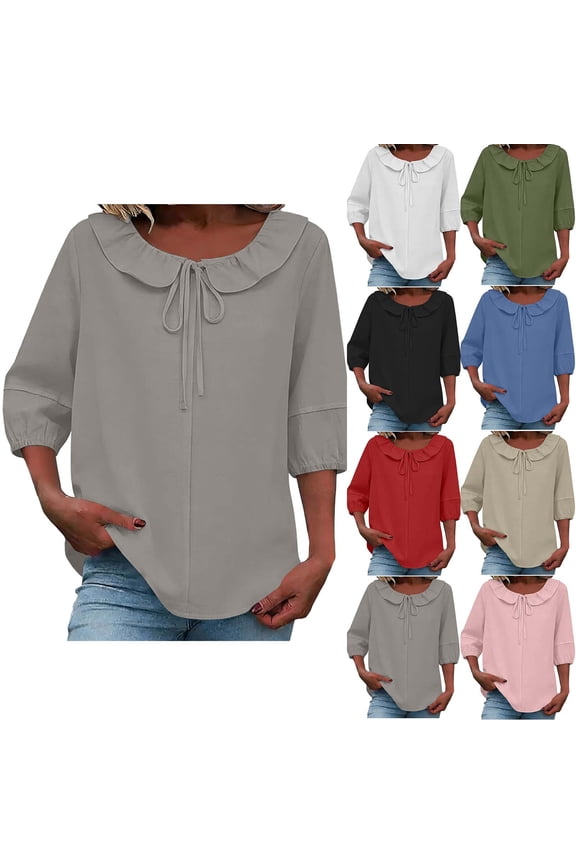 Women's Linen Ruffle Puff Sleeve Drawstring 3/4 Sleeve Shirt Blouse Top Loose Fit Breathable Lightweight Casual Spring Summer Vacation Beach Holiday | CSEONE,Gray XL